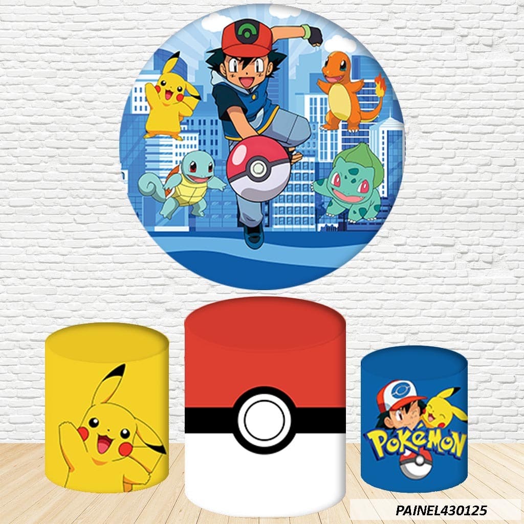 Kit de Capas Painel Redondo Sublimado Pokémon 1,50M + Trio Capas de Cilindro C/Elástico