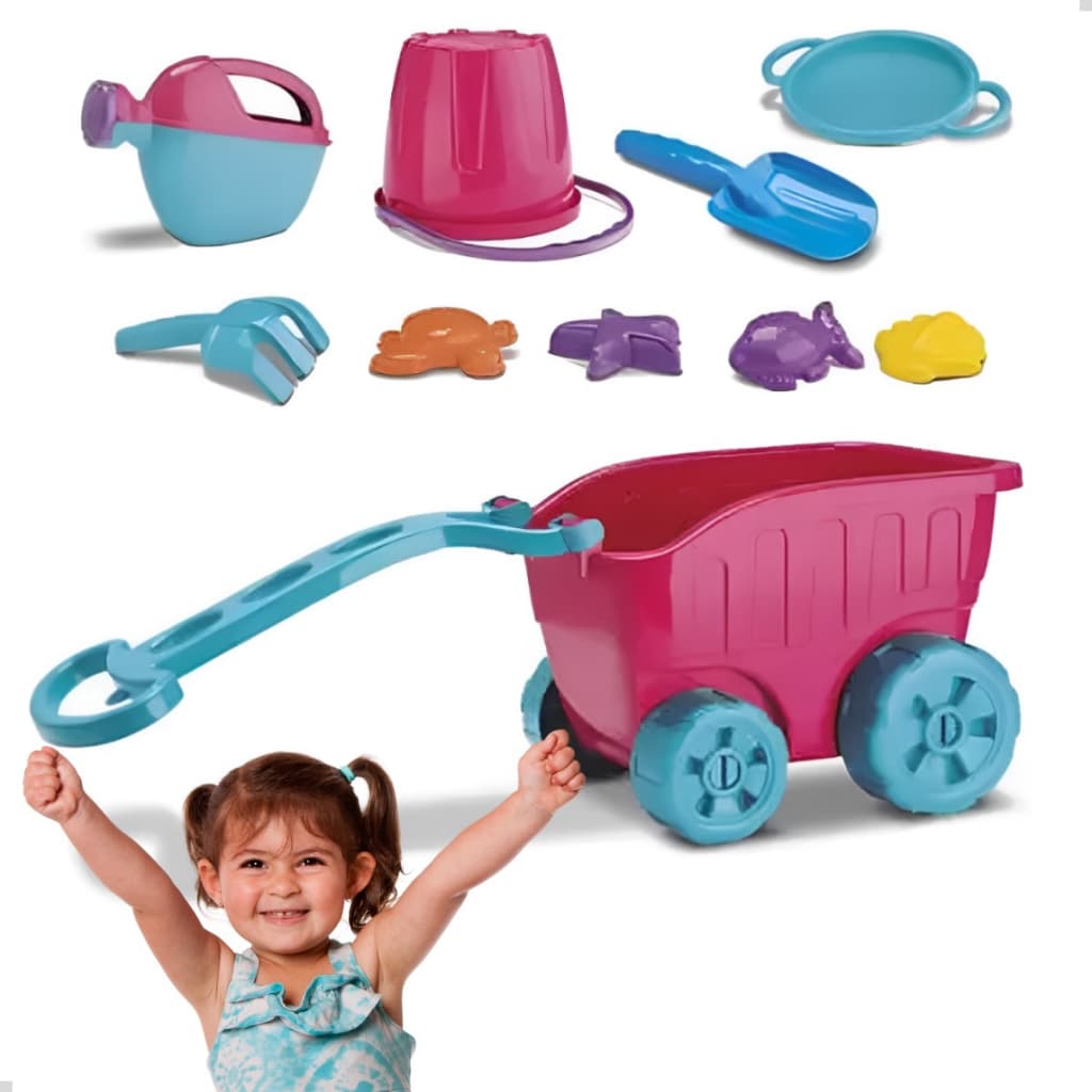 Carriola De Praia Areia Com Rodinha Kit Completo Baldinho Regador