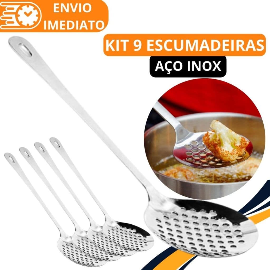 KIT 9 Escumadeira de Fritura Arroz Massa Aço Inox Resistente Para Casa Cozinha Restaurante Buffet Batata Frita Fritar
