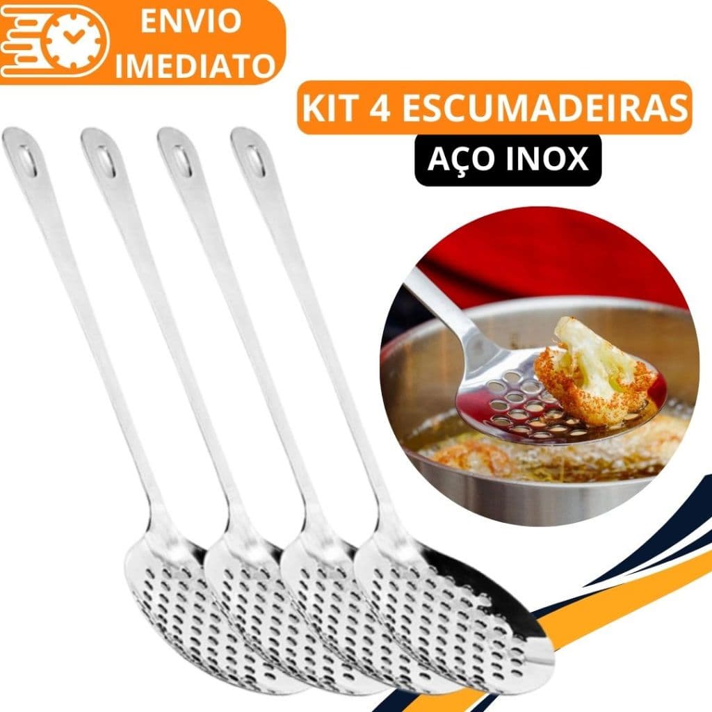 KIT 4 Escumadeira de Fritura Arroz Massa Aço Inox Resistente Para Casa Cozinha Restaurante Buffet Batata Frita Fritar