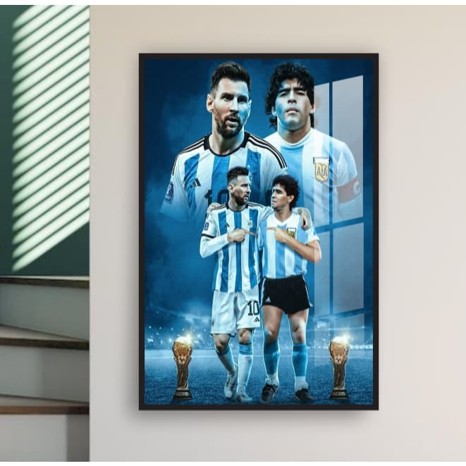Quadro decorativo Messi Maradona Taça de ouro Trofeu Argentina tons azul