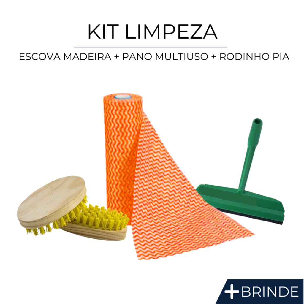 Kit Limpeza Pano Multiuso + Rodo Pia + Escova Oval Madeira Econômico