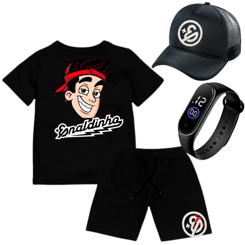 CONJUNTO INFANTIL ENALDINHO CAMISA BERMUDA BONÉ RELOGIO