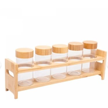Conjunto 5 Porta Temperos de Vidro Borossilicato com Tampa e Suporte de Bambu Wolff