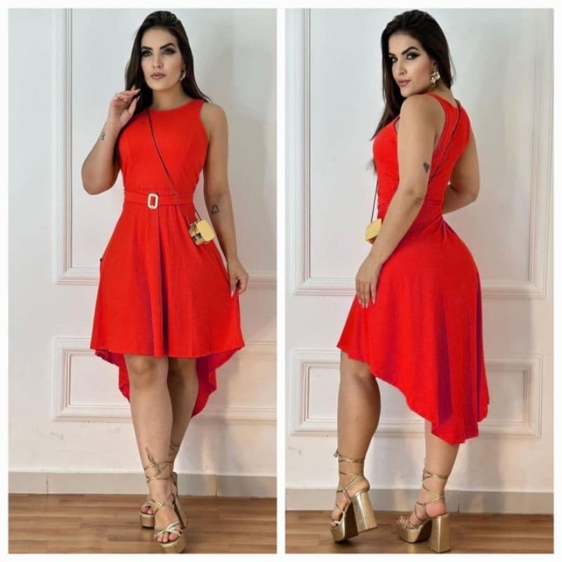 Vestido feminino com cinto vestido rodado midi gode regata calda longa