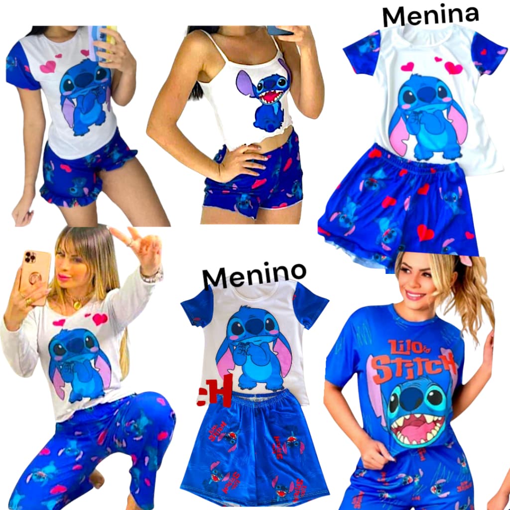 Pijamas feminino Lilo Stich conjuntos verão e inverno adulto e infantil personagens dormir shorts masculino