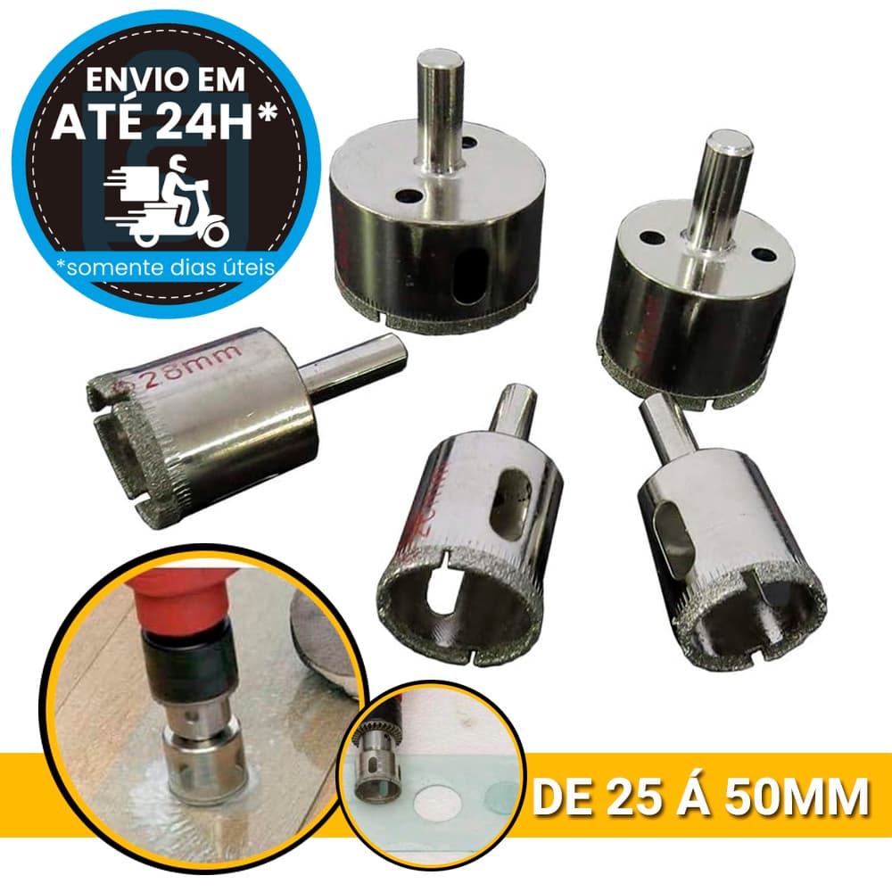 Jogo Broca Serra Copo Diamantada Porcelanato Vidro Espelho Marmore 5 Peças 25 a 50mm