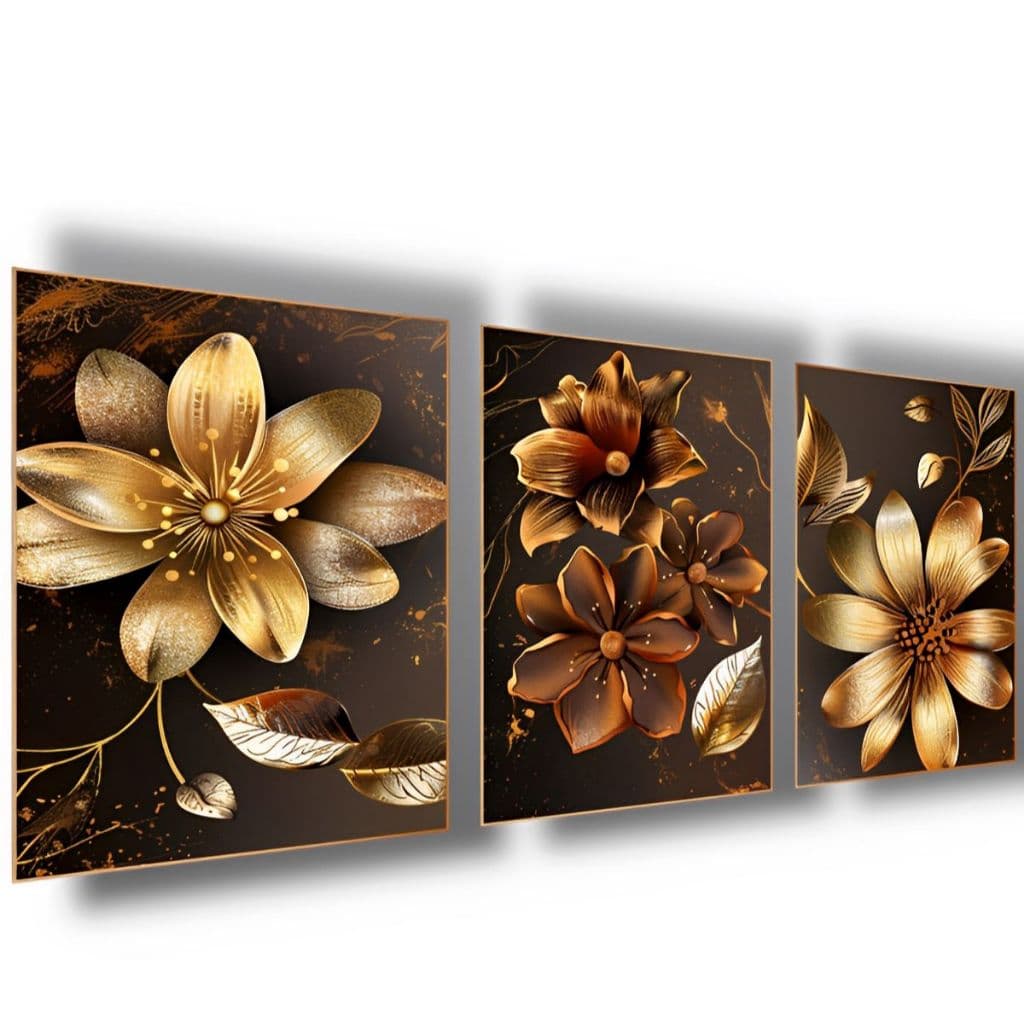 Quadro Decorativo Grande Flor Dourada Botânica Folhagem Flores