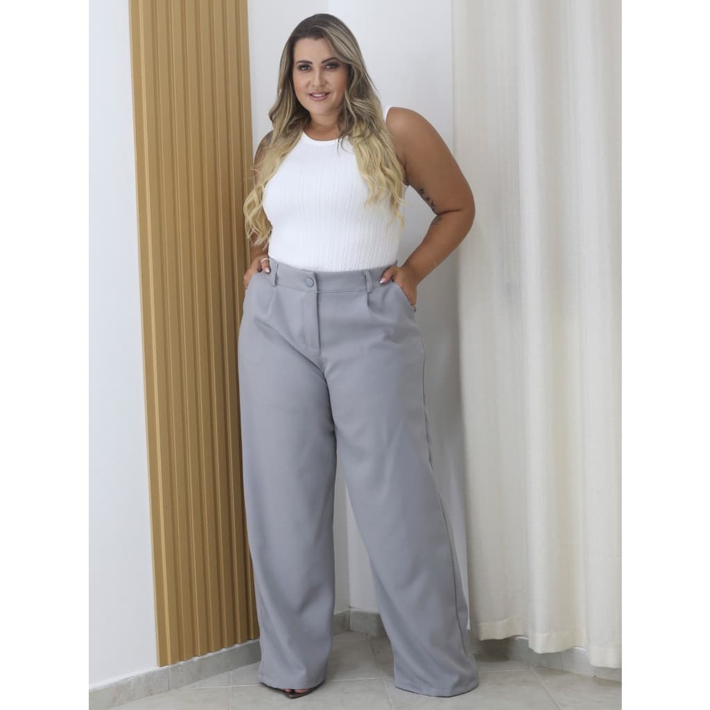 Calça Pantalona Alfaiataria Plus 46-54 Com Bolso Fechamento Zíper e Botão 8819