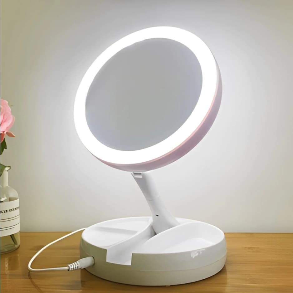 Espelho com Led De Mesa Com Aumento 10x Led luz Dobravel Para Maquiagem