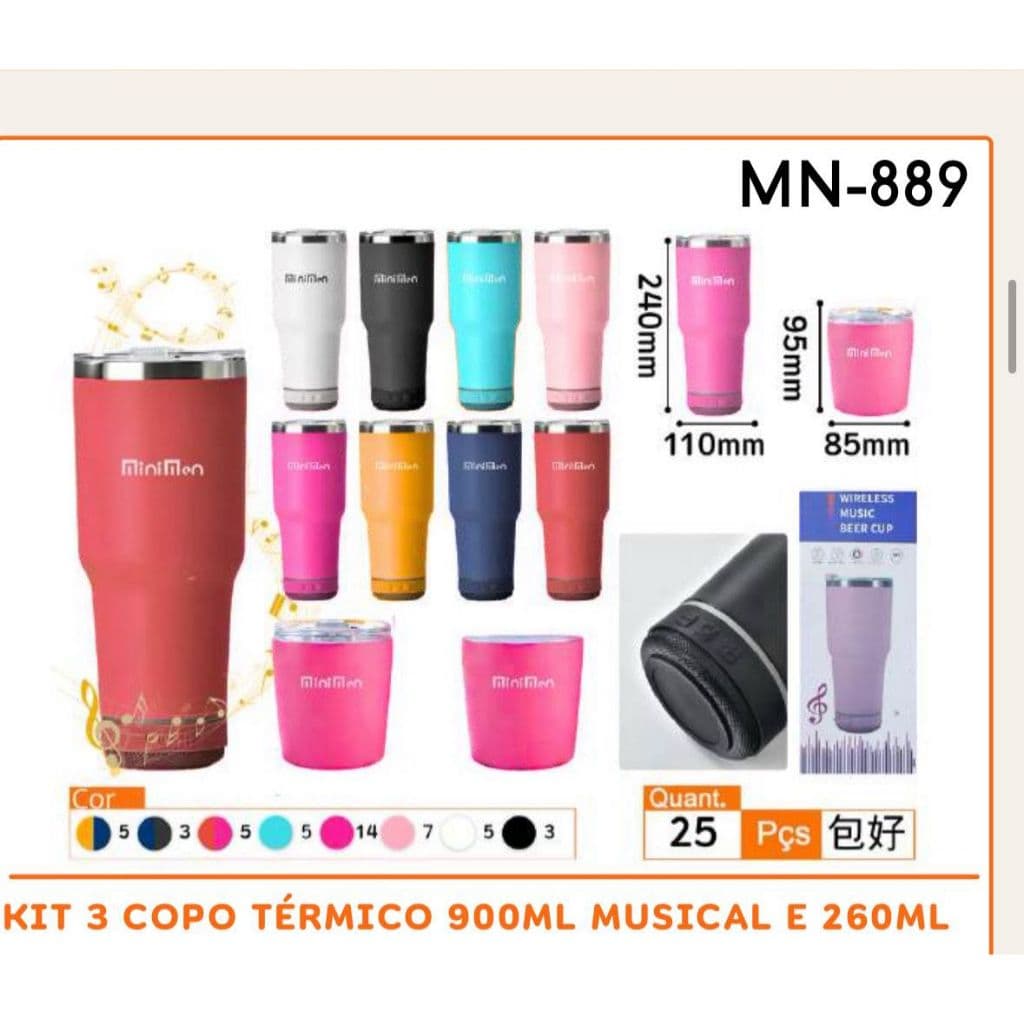 HKX Copos com Caixa de Som Térmico 900ML MN-889 sem  LOGO