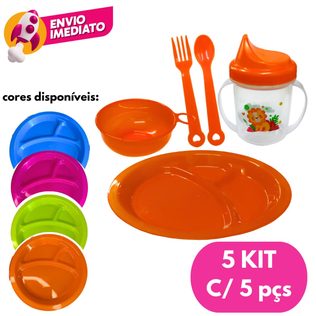 Kit Papinha Refeição Infantil Plástico Conjunto Com 05 pçs Prato Divisórias/ Talheres/ Copo/ Tigela