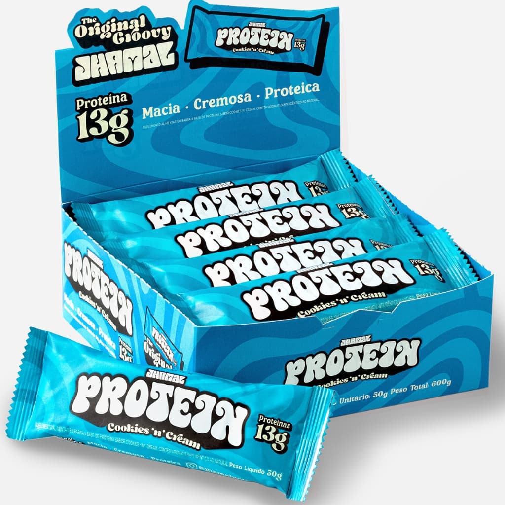 JHAMAL Barra de Proteina Cookies n' Cream - Recheada, Sem Lactose, Sem Glúten -Caixa com 12 un, 600g