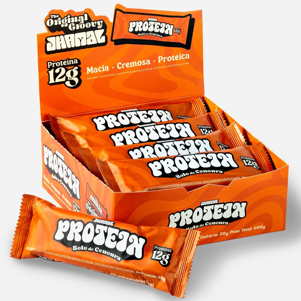 JHAMAL Barra de Proteína Bolo de Cenoura Cremosa, Saudável, Sem Lactose - Caixa com 12 un, 600g