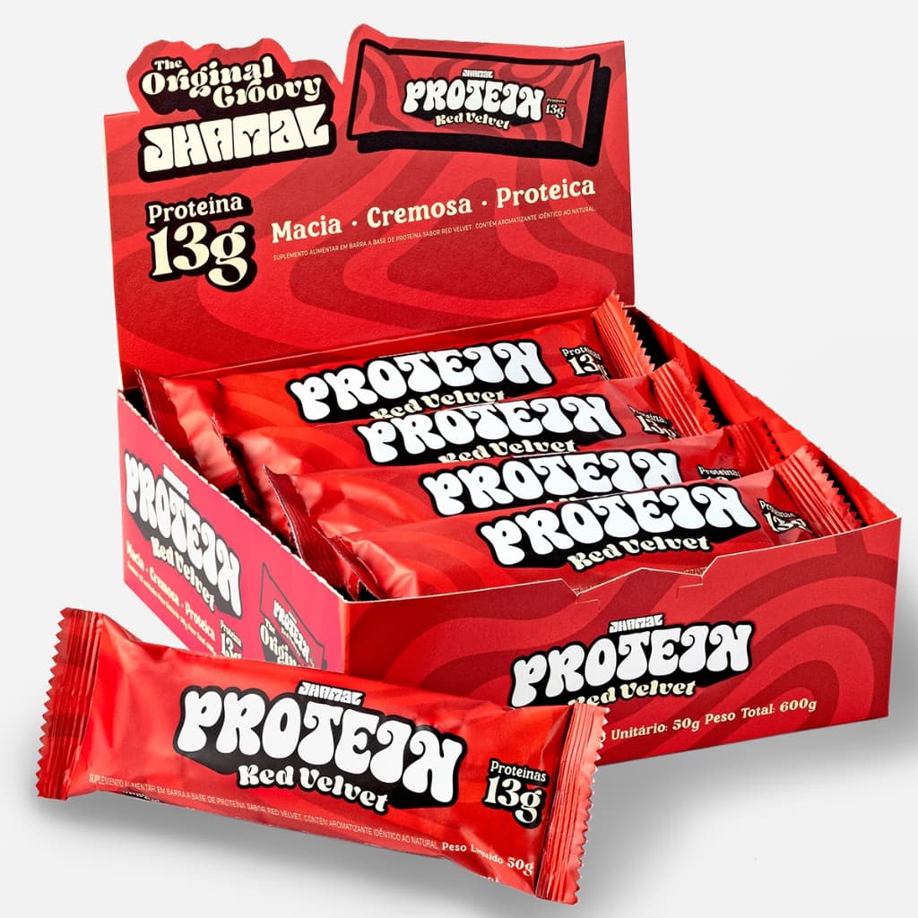 JHAMAL Barra de Proteína Red Velvet - Cremosa, Sem Lactose, Sem Glúten - Caixa com 12 un, 600g