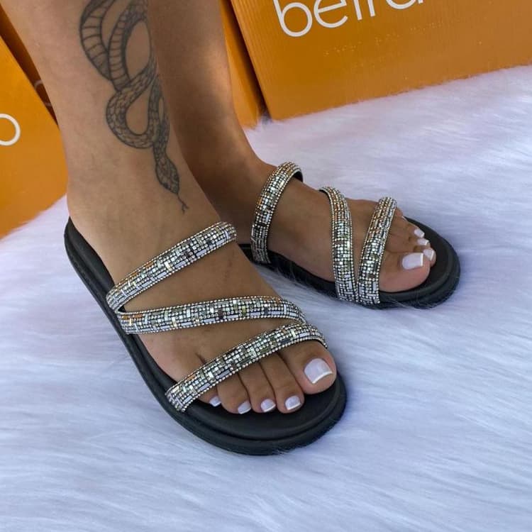 Sandália Feminina Beira Rio 3 Tiras Strass Pedra Espelhada Papete Feminina Chinelo slide