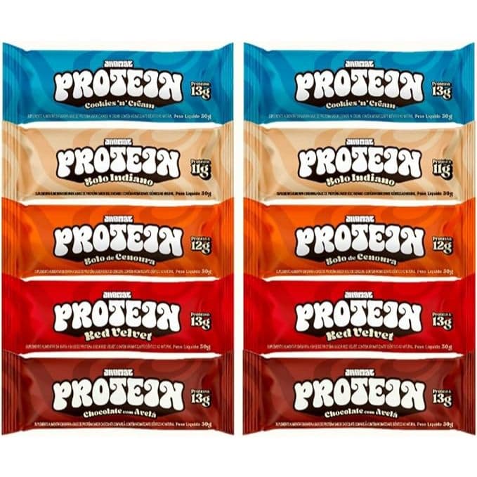 Kit com 10 Barrinhas de Proteína 2 Cookies, 2 Bolo Indiano, 2 Bolo de Cenoura, 2 Red Velvet, 2 Avelã