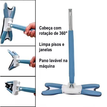 Mop Rodo de Limpeza Giratório Retangular Ajustável Retrátil Azul Escuro