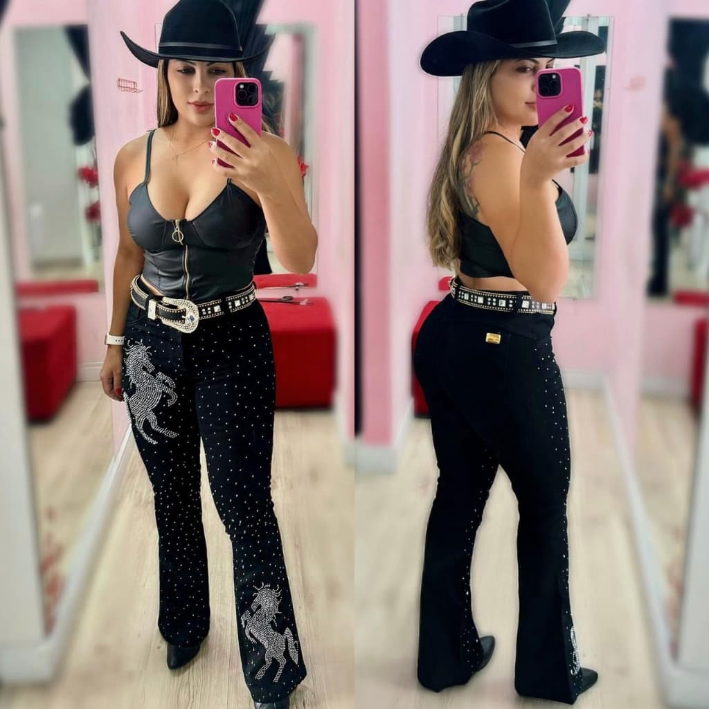 Calça Country Flare Jeans Feminina de Luxo Cavalaria Rodeio Cavalgada Cintura Alta