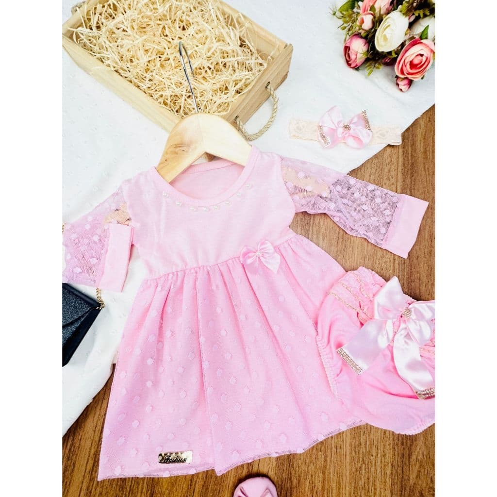 Kit 3 peças Vestido + Calcinha + Faixa de Cabelo Ana Clara Baby