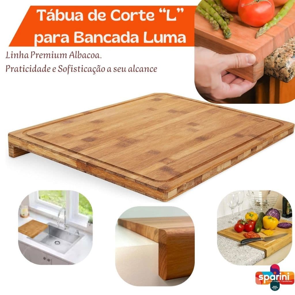 Tábua de Corte em L de Encaixe em Bambu para Bancada Cozinha Fogão Churrasco Gourmet 35cm