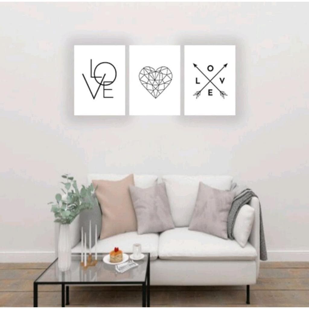 Kit 3 quadrinhos love coração branco decoração sala