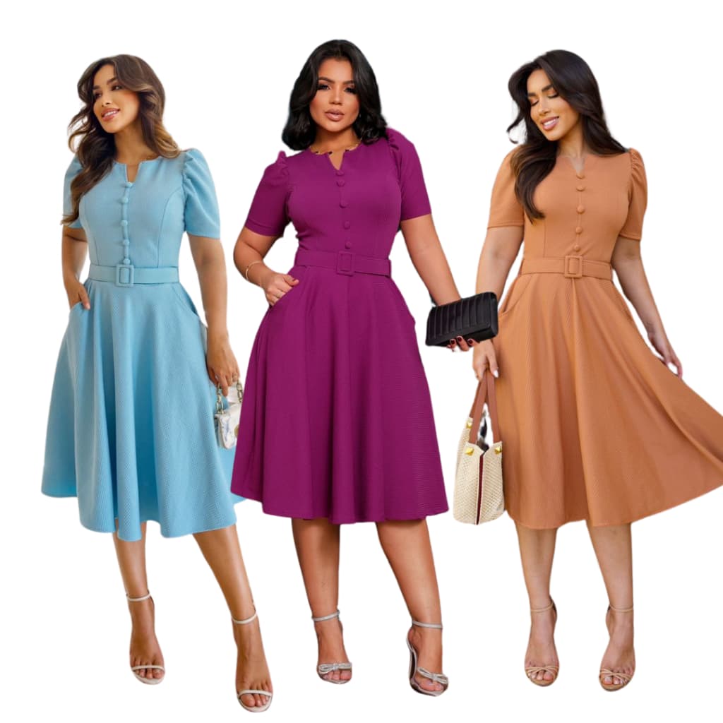 VESTIDO LISO MALHA PIQUET DECOTE EM V COM CINTO ELEGANTE E CASUAL