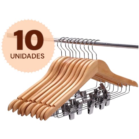 kit 10 cabide de Madeira com presilhas Adulto Verniz Vestido Calça Bermuda Reforçado 10 Unidades