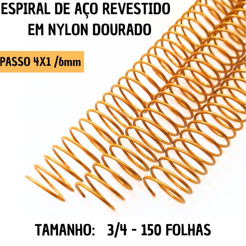 KIT C/03 - Espiral de Aço p/ Encadernação Revestido em Nylon  3/4 (150 fls) Passo 4X1 - DOURADO