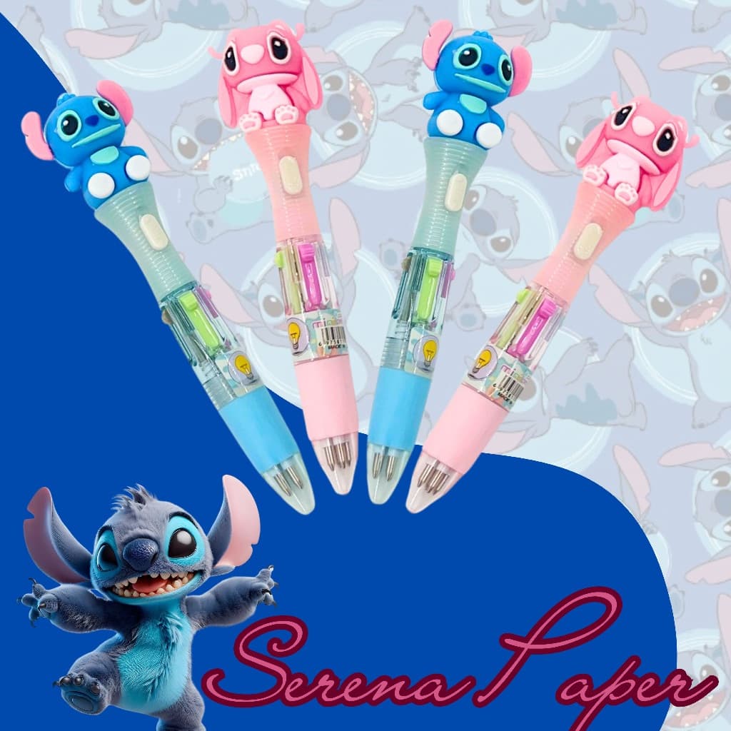 MINI CANETA FOFA 4 CORES COM LUZ STITCH / PAPELARIA FOFA KAWAII / MATERIAL ESCOLAR