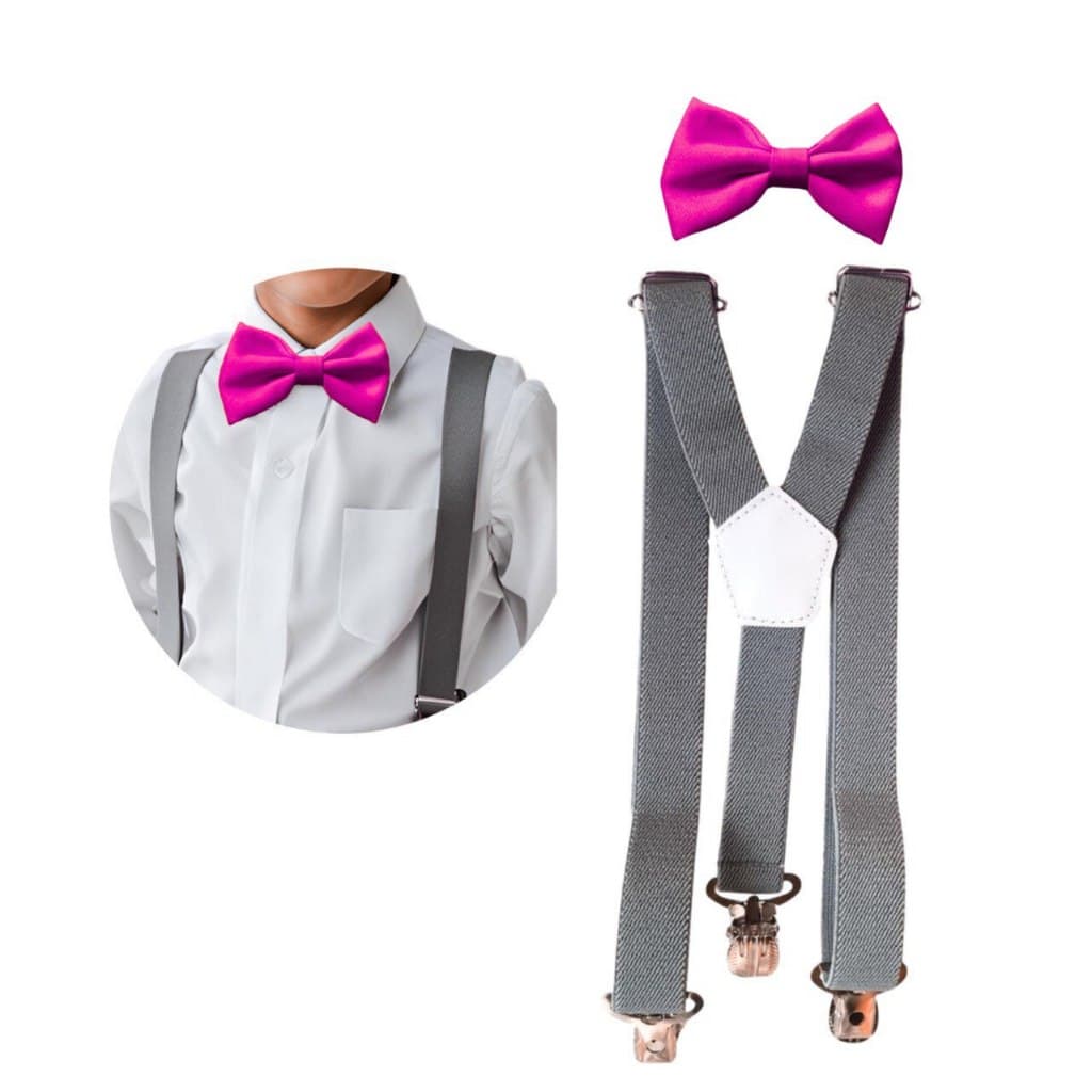 Kit Infantil Suspensório Cinza e Gravata Borboleta Rosa Pink Fúcsia Varias Cores Combinações Pajem Batizado Festa Social