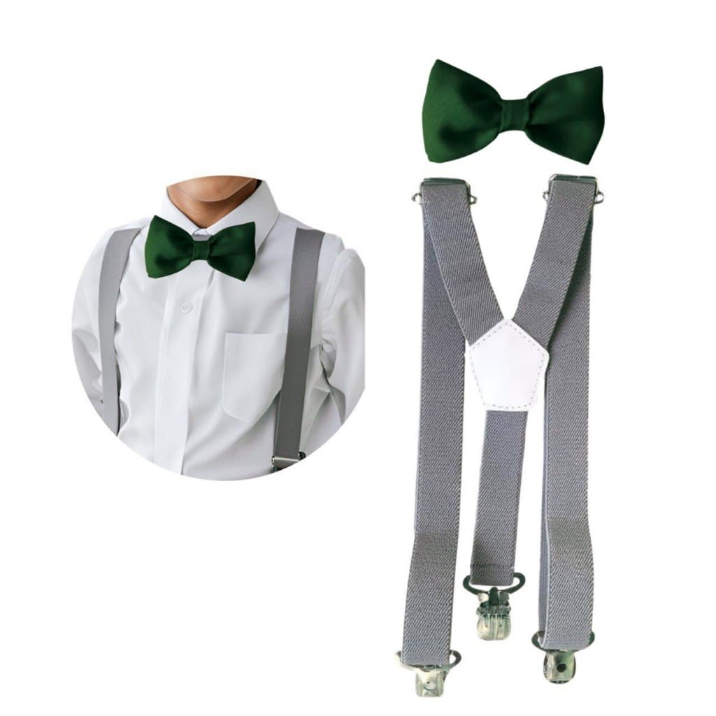 Kit Infantil de Suspensório Cinza e Gravata Borboleta Verde Esmeralda Varias Cores Combinações Pajem Batizado Festa