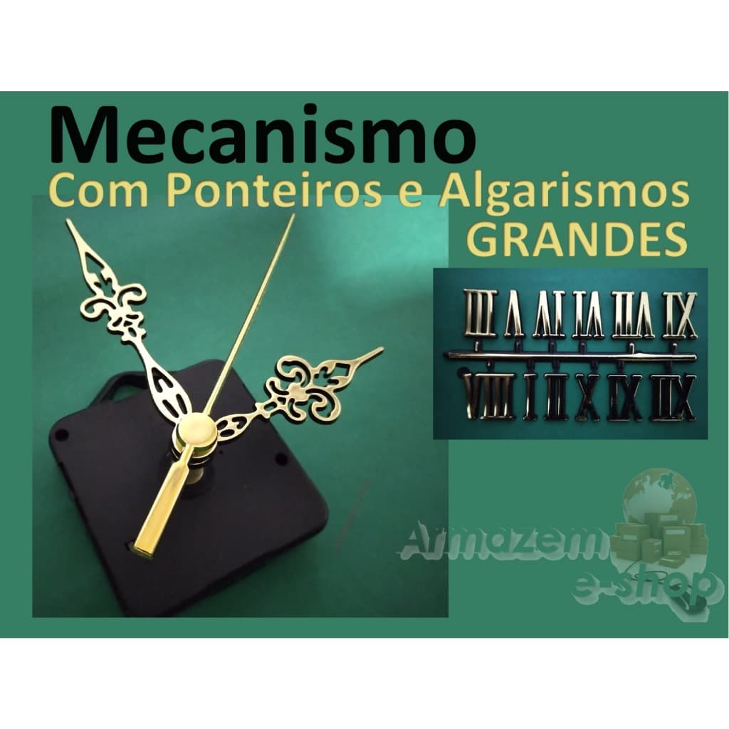 Kit Maquinário de Relogio De Parede c/ 22mm, ponteiros e algarismos romanos Dourados Armazem e-shop