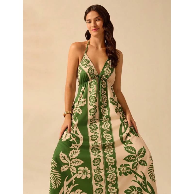 Vestido Longo Indiano Verão de Alça Decotado Festa, Casamento Vestido Longo Boho Decote V Maxi, vestido  Cajuni
