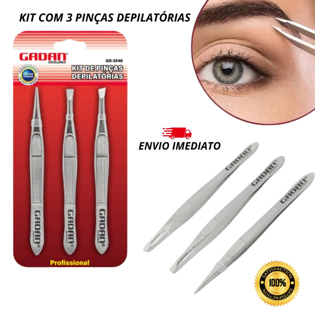 Kit Com 3 Pinças em Aço Inoxidável Para Design de Sobrancelhas Remoção de Pelos 3 Peças Pontas Diferentes