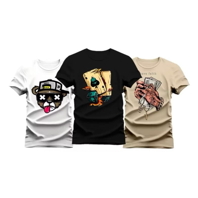 Kit 3 camisetas Masculina T-Shirt estampadas Premium envio imediato
