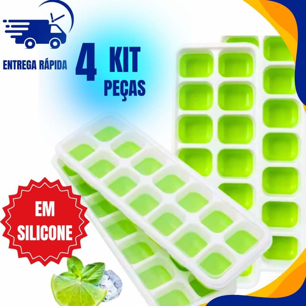 Kit 4 Formas de Gelo com fundo de Silicone e com Tampa