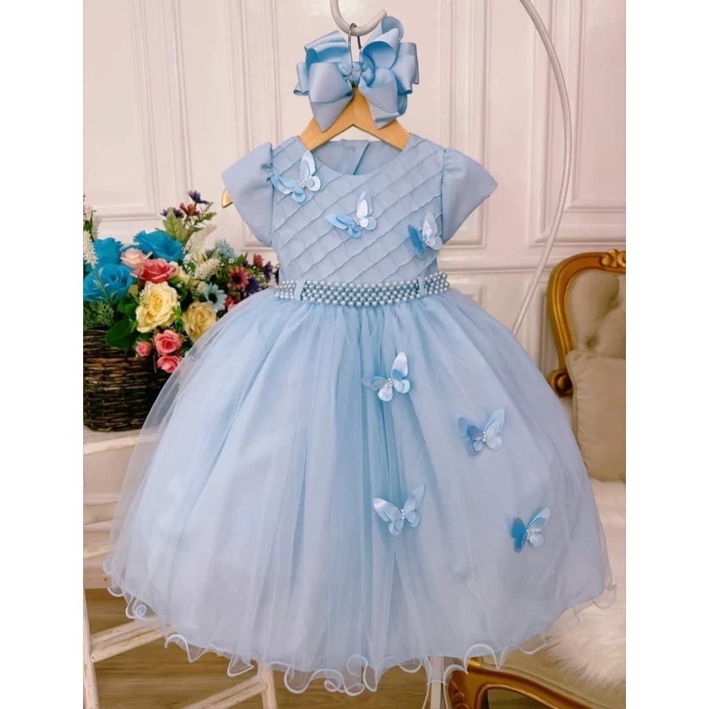 Vestido Infantil Azul com apliques de Borboletas Vestido Azul Borboletas