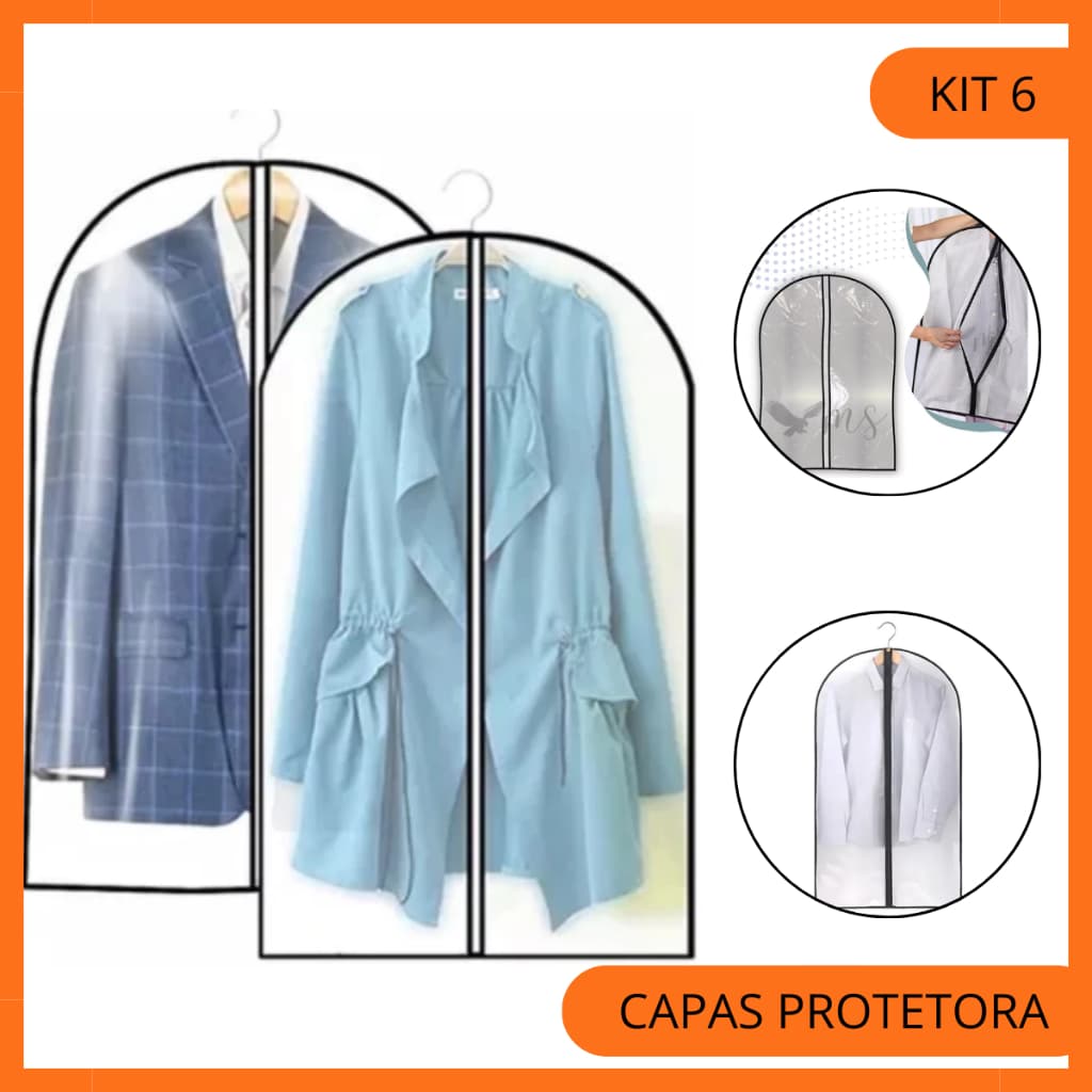 Kit 6 Capas Protetora Roupa Transparente Terno Vestido Zíper