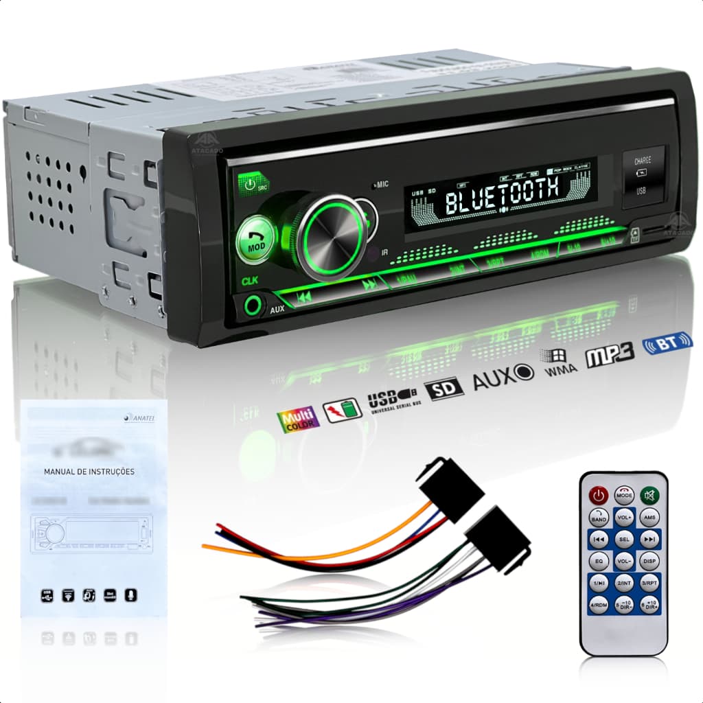 Som Automotivo Radio para carro com Bluetooth 2 entradas USB Aux cartão SD FM Potente Torquehammer