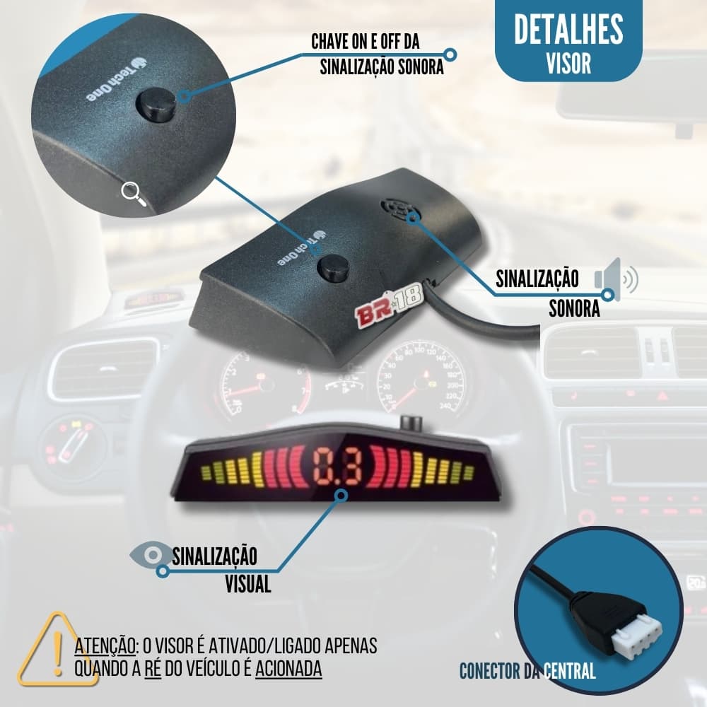 Sensor STANDARD De Estacionamento Ré Display Led Prata Preto Branco Tech One