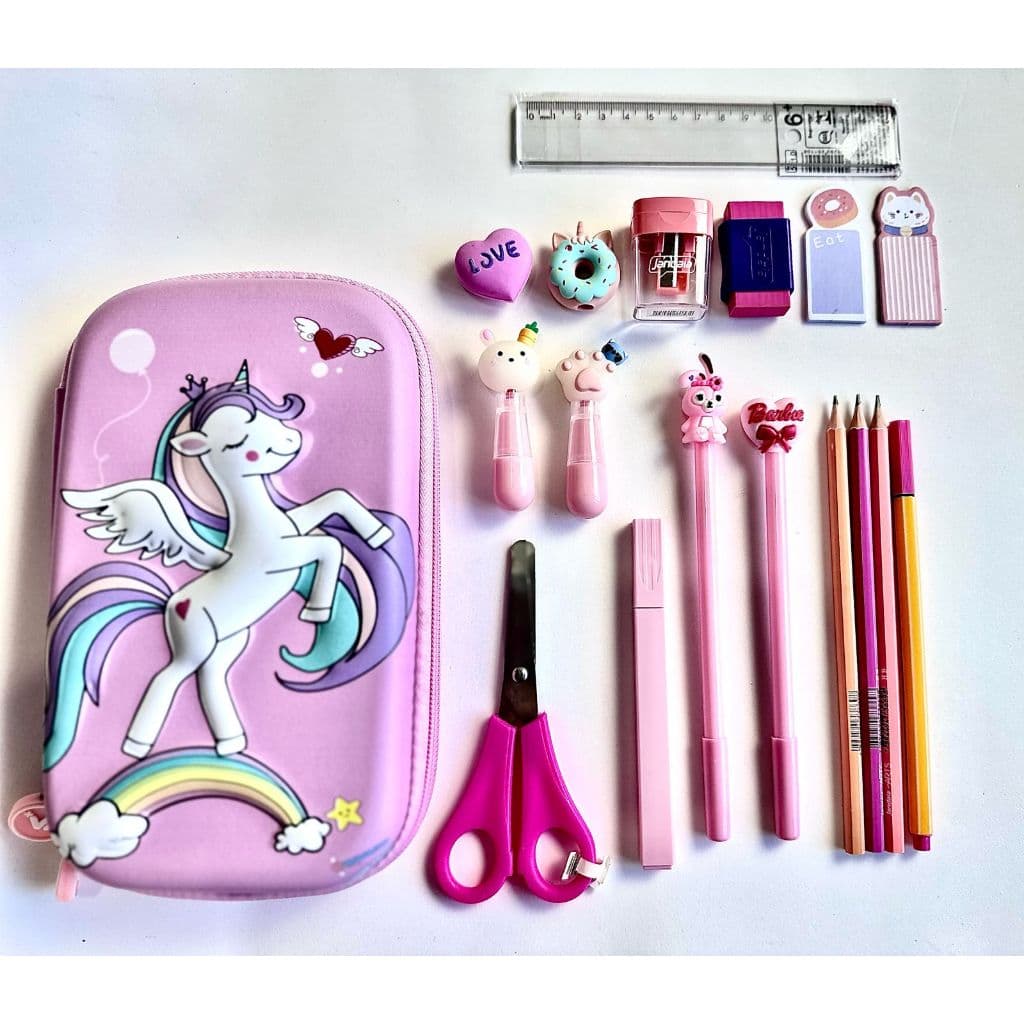 Kit Papelaria Estojo Unicórnio Completo 18 itens