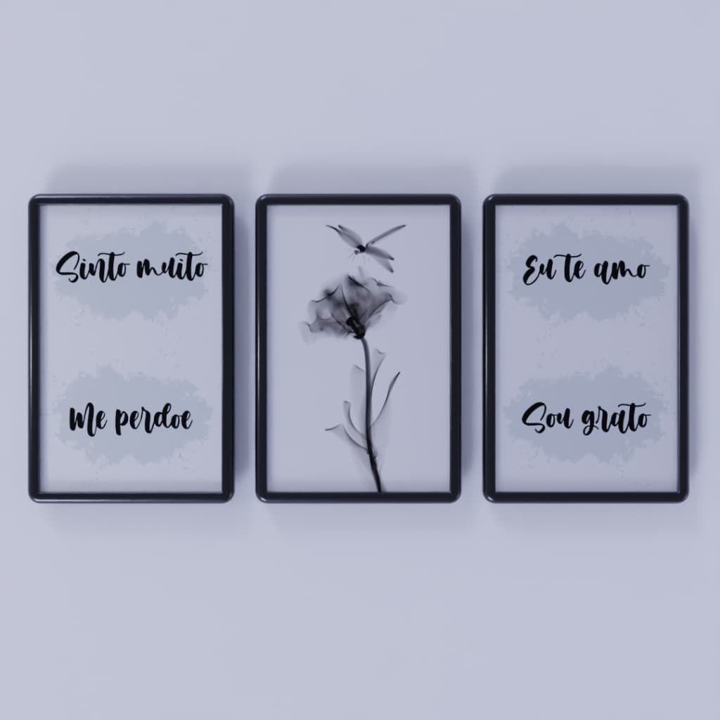 Kit 3 Quadros Decorativos com moldura Tema Sinto muito Me perdoe Eu te amo e Sou Grato