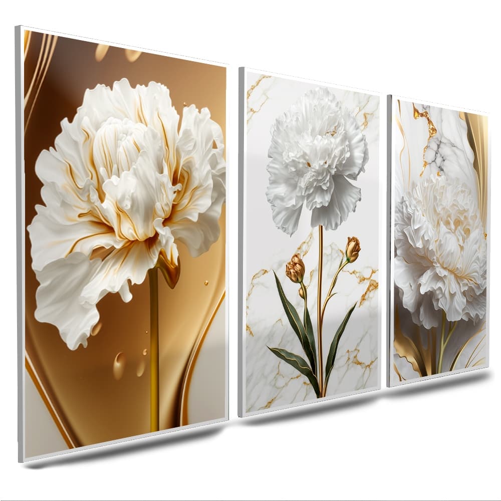 Quadros Decorativos Flor Dourada 3 Peças Mosaico Sala Quarto Escritório
