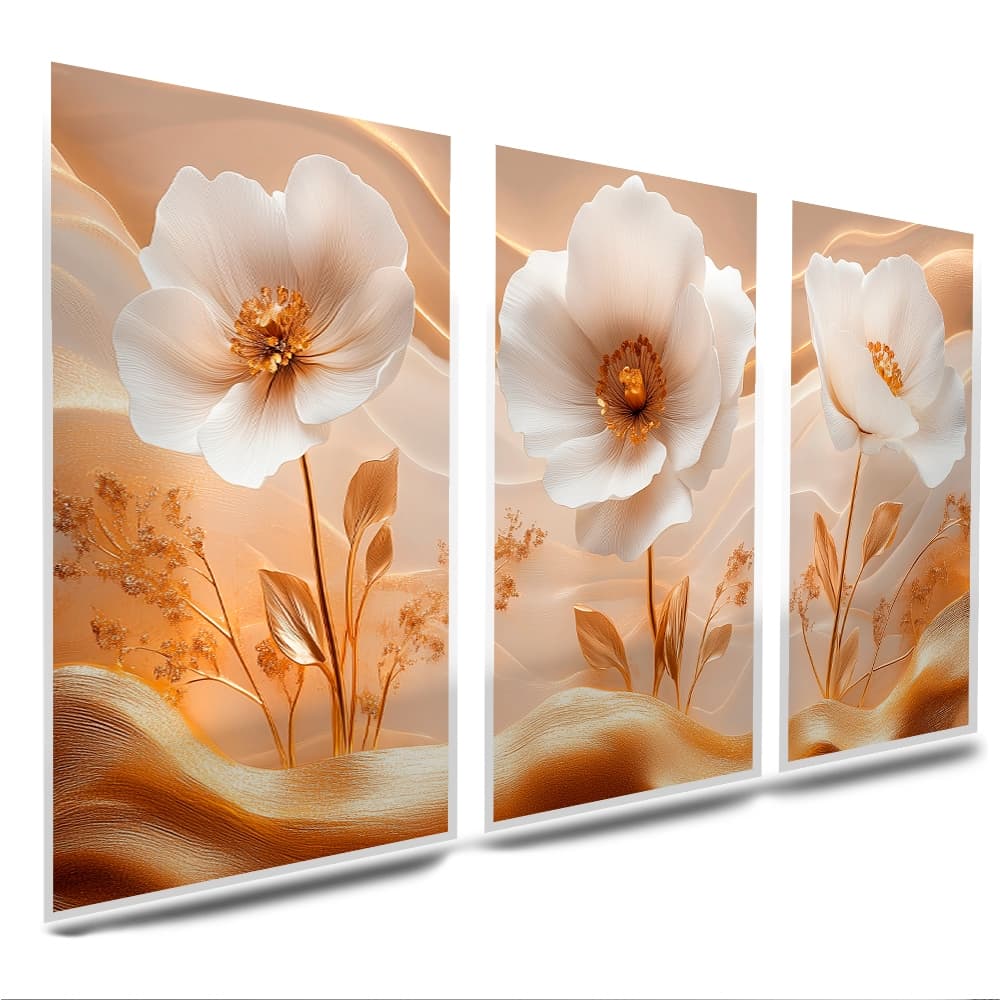 Quadros Decorativos Flor Dourada e Branca Full Hd 3 Peças Mosaico Sala Quarto Escritório