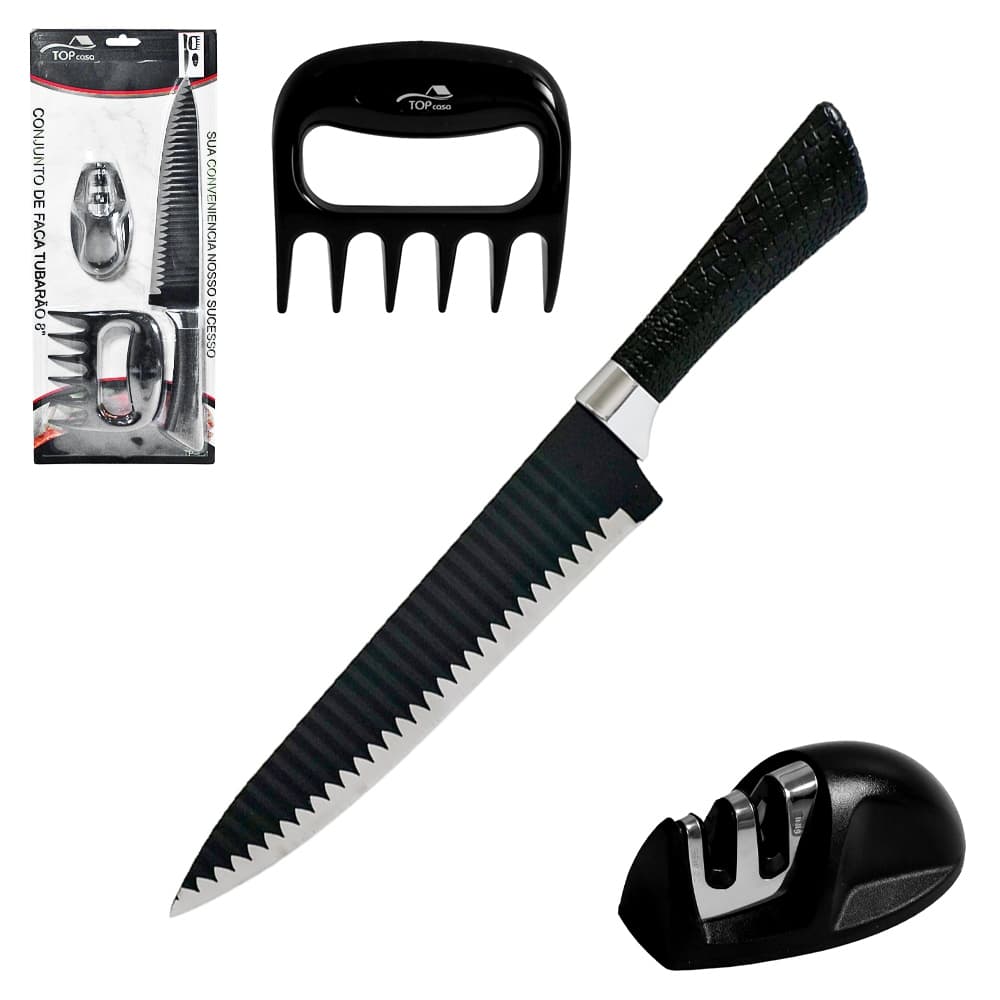 CONJUNTO DE FACA CHURRASCO DE INOX 8'' + GARRA DE URSO + AFIADOR AMOLADOR TUBARAO TOP CASA Código 3266808