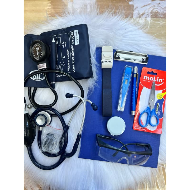kit enfermagem saúde bic azul estetoscópio e aparelho de pressão