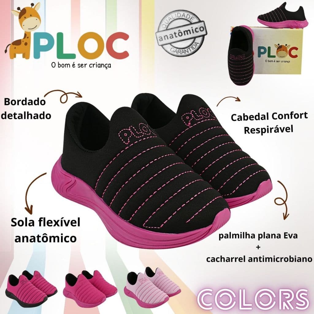 Tênis Ploc Colors Infantil Menina Calce Fácil Jogging Anatômico Preto