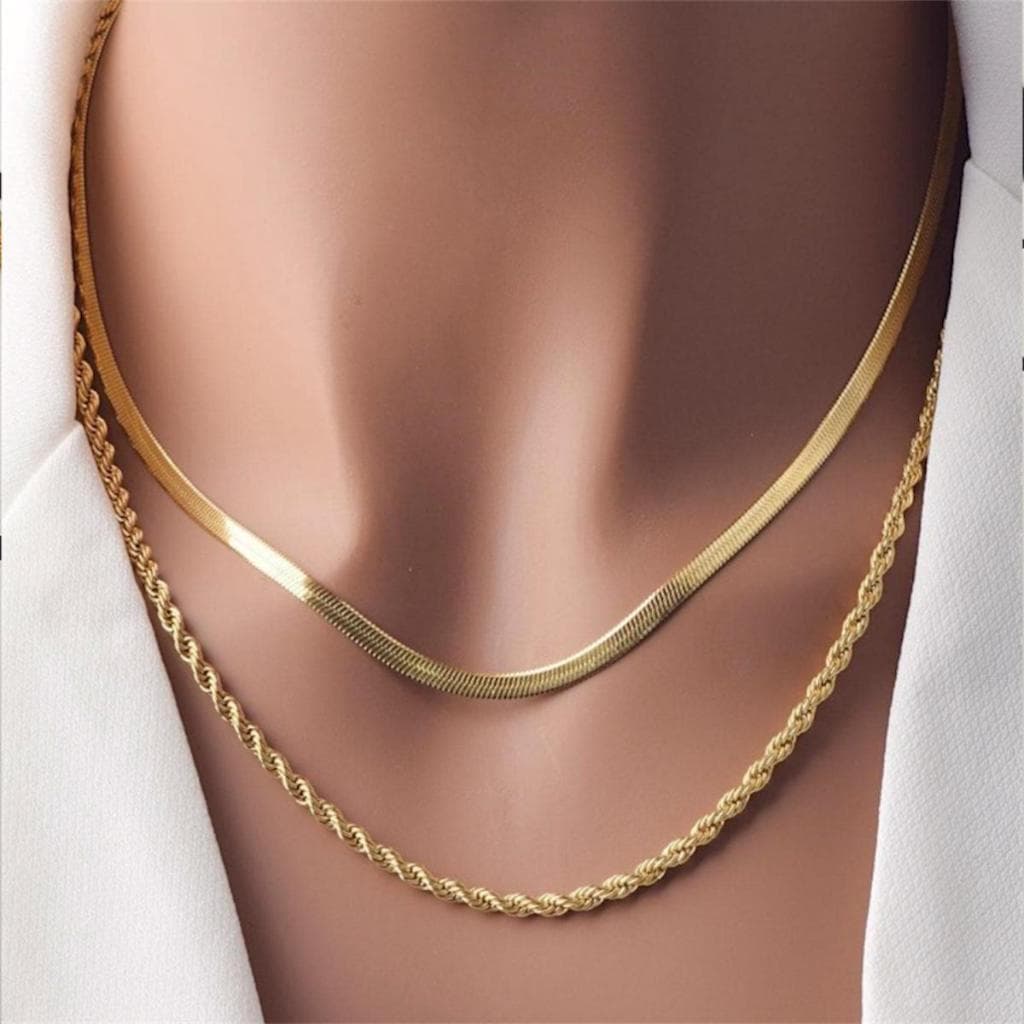 Colar Fita Laminado + Colar Cordão Baiano Banhado a Ouro18k