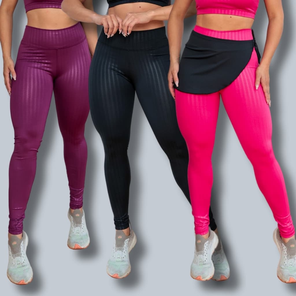 Kit 3 Calça Fitness Legguing Suplex 3d Cirre Cintura Alta Feminina Academia Atividades Física Casual